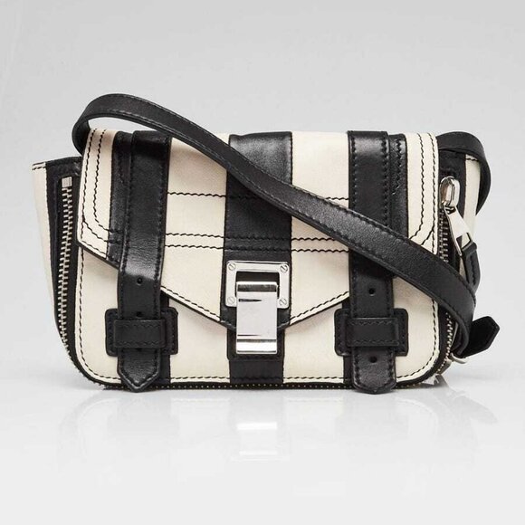 Proenza Schouler Handbags - Proenza Schouler Black/White Striped Leather Mini Zip Around PS1 Crossbody Bag
